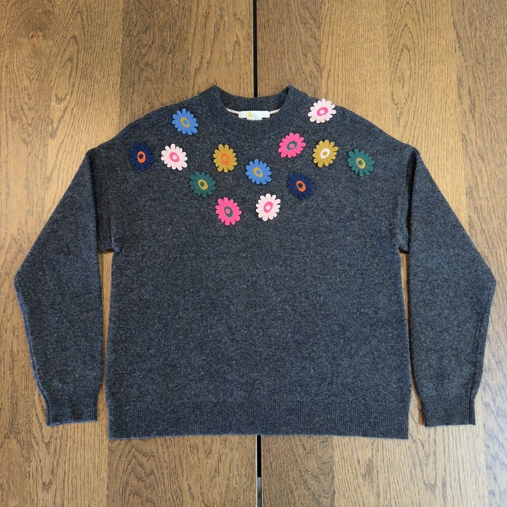 Boden 3D Crochet Flower Appliqué Wool Blend Jumper Sweater Womens Sz 8 Colorful